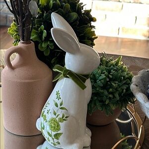 NEW! Vintage Inspired White Ceramic Green Floral Toile Bunny Rabbit
